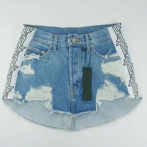 LF NWT Adriana Distressed Denim Mini Skirt Womens Size‎ 27 Button Fly Logo Trim